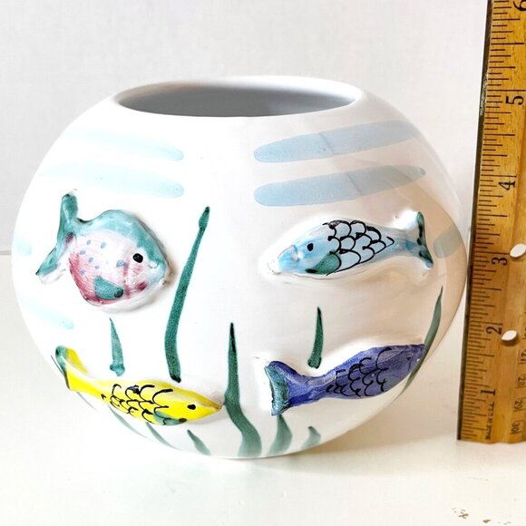 Italian Ceramic Vase with 3D Fish Hand Painted Round Shape Ocean Lake Home Decor - Picture 6 of 7
